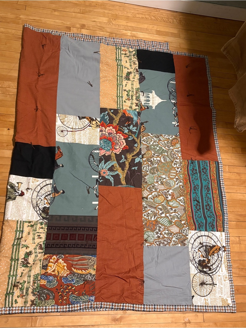 Patchwork Quilted Throw Blanket in Rust, Teal & Gray – Handmade Style